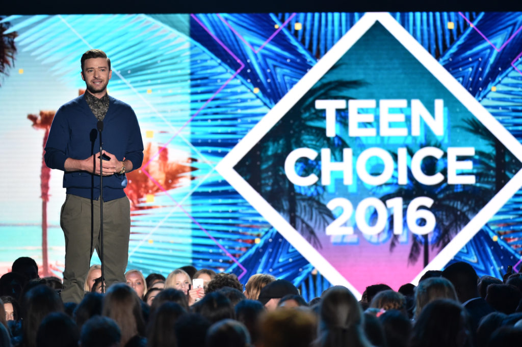 TEEN CHOICE 2016: Justin Timberlake accepts the Decade Award onstage at TEEN CHOICE 2016 airing Sunday, July 31 (8:00-10:00 PM ET live/PT tape-delayed) on FOX at The Forum in Los Angeles, CA. ©2016 Fox Broadcasting Co. CR: Vince Bucci/FOX